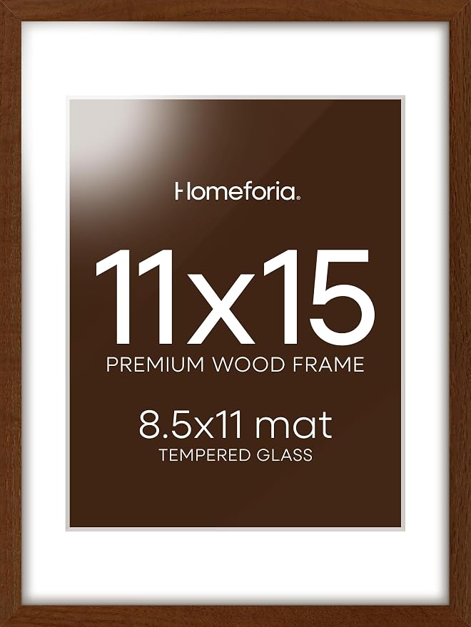Homeforia 11x15 Brown Picture Frame, High End Dark Oak 11x15 Walnut Poster Frame with Mat 8.5x11, 11 x 15 Wooden Frames Matted to 8 by 11 inch Photo, 15x11 Frames, Tempered Glass, Wall Kit, Set of 3