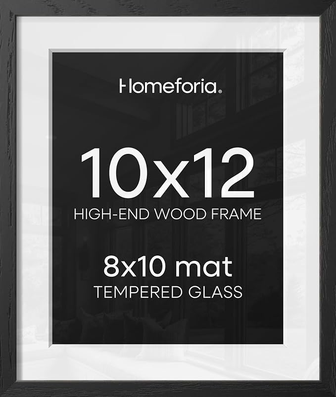 Homeforia 10x12 Picture Frame Black Wood, High End Oak 10x12 Poster Frames with Mat 8x10, 10 x 12 Wooden Frame Matted to 8 x 10 inch Photo, 12x10 Thin Hanging Frame, Tempered Glass, Wall Kit, Set of 1