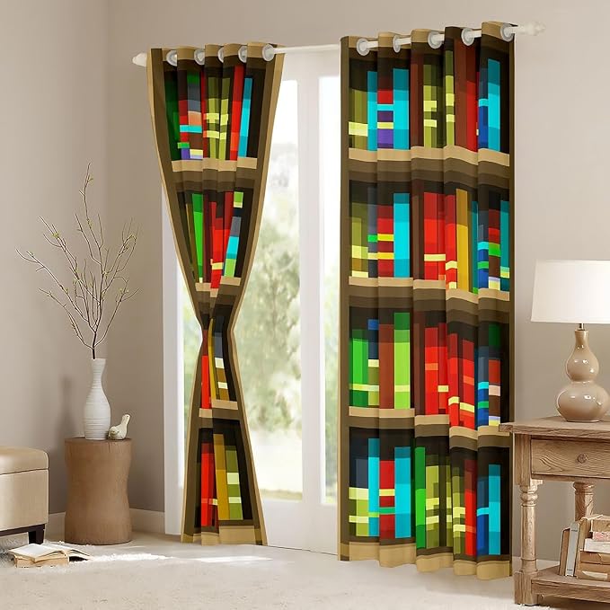 Castle Fairy Bookshelf Window Curtain,Pixelated Bookshelf Blackout Window Treatment,Kids Girls Men Pixel Style Games Bedroom Curtains Anime Bookcase Theme Living Room Decor Top 2 Panels,52Wx63L