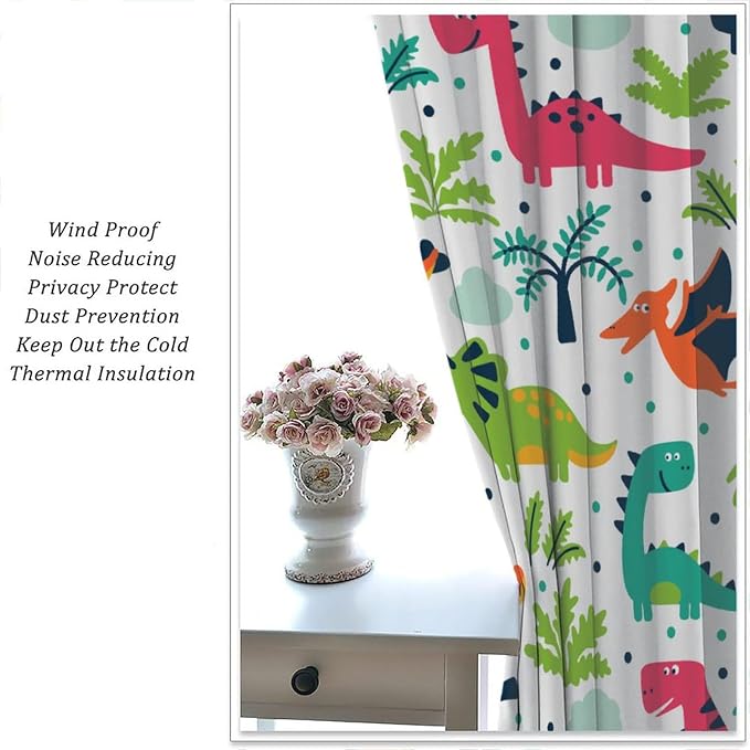 YCness Tropical Dinosaur Curtains for Boys Girls Children Nursery Playroom Room Decor Cute Colorful Cartoon Dino Art Printed Window Drapes Decor Fabric Set 2 Panel 42x45 Inch 80% Shading Rate
