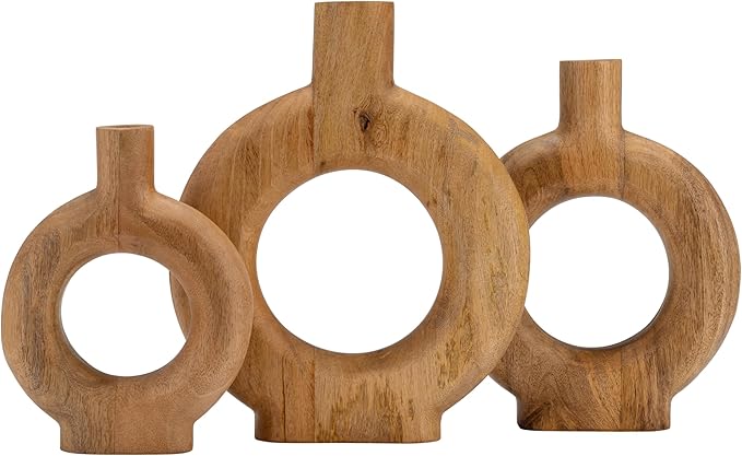 Mango Wood Vase, Modern Donut Vase Design – Accent for Sculptural Display, Decorative Modern Flower Vase – Flower Holder for Stems or Greenery, Living Room or Office Shelf, Home Decor – 14", Brown