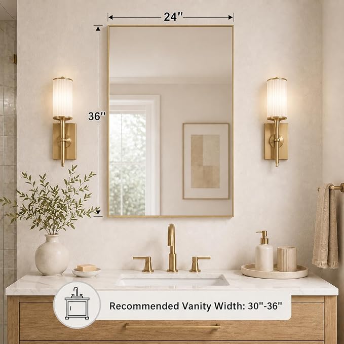 24"x36" Satin Gold Framed Rectangle Bathroom Vanity Wall Mirror | Over-Sink Vanity Mirror, Slim Metal Frame, Entryway or Dresser Use, Vertical/Horizontal Mount, Tempered Glass
