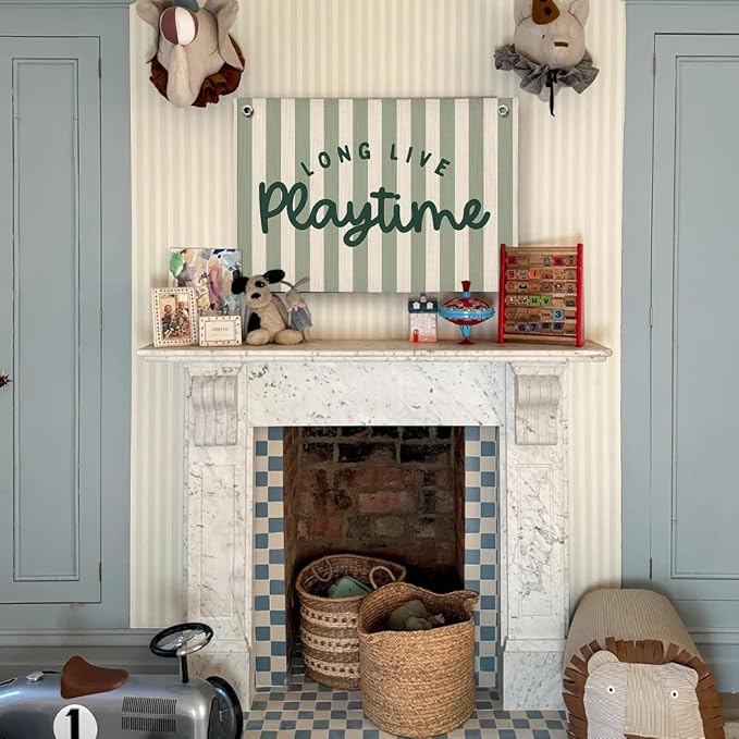 Playroom Decor, Long Live Playtime Wall Hanging Linen Banner, Green Striped Wall Flag for Play Room Decor, 20x30 Inch-Green