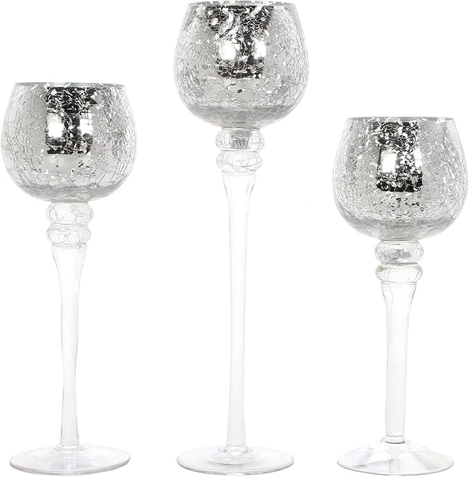 Hosley Set of 3 Metallic Crackle Glass Tealight Holders – 12", 10", 9" Elegant Home Decor, Ambient Lighting, Stylish Centerpieces & Gift Idea