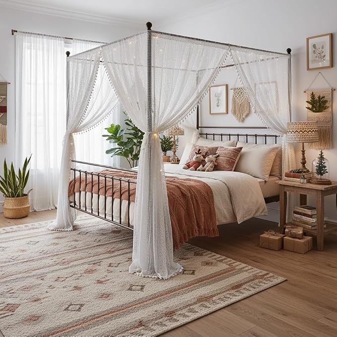 WAZZIO Boho Lace Curtains 63 Inches 2 Panel,Light Filtering Privacy Tassel & Geometry Crochet Semi Sheer Curtain Drapes for Bedroom Living Dining Room,Rod Pocket & Tassel,Victorian Decor,Off White