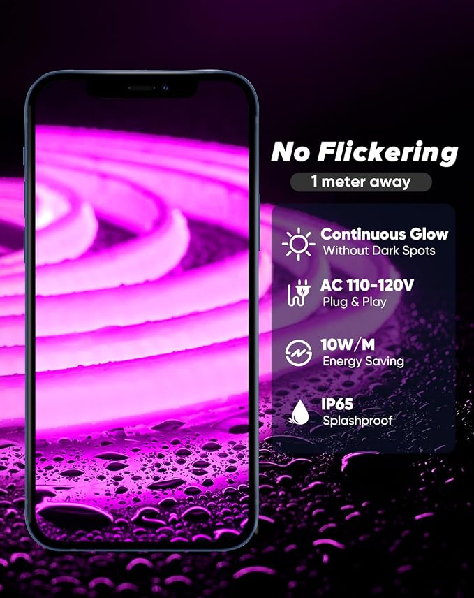 Shine Decor COB LED Rope Light AC 120V, 800lm Ultra Bright, IP65 Waterproof Cold-Resistant ETL Neon Strip, No Driver Tape Lighting for Home Commercial 10x4.5mm, Purple, 16.4ft
