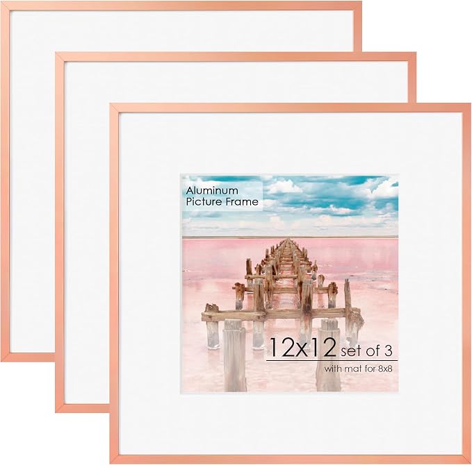 FLYJOE 12x12 Frame | Metal Square Picture Frame With Plexiglass | 12x12 Frame With Mat for 10x10 | Minimalist Modern Poster Frame | Hanging Hardware Included | Rose Gold, 3Pcs