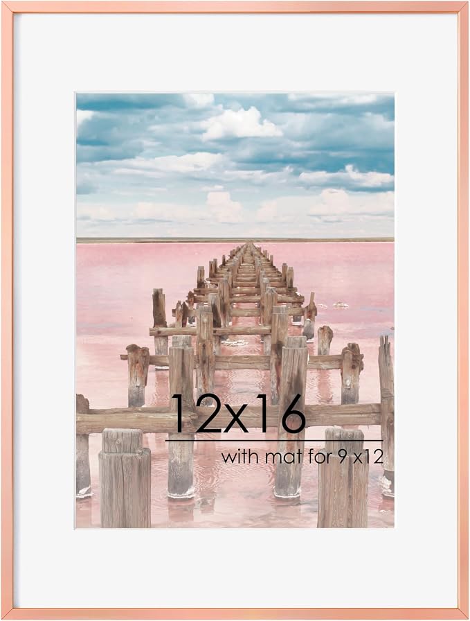 FLYJOE 12x16 Metal Picture Frame for Wall With Mat for 9x12, 12''x16'' Aluminum Certificate Document Frames With Plexiglass, Minimalist Modern Poster Frame Horizontally And Vertically, Rose Gold