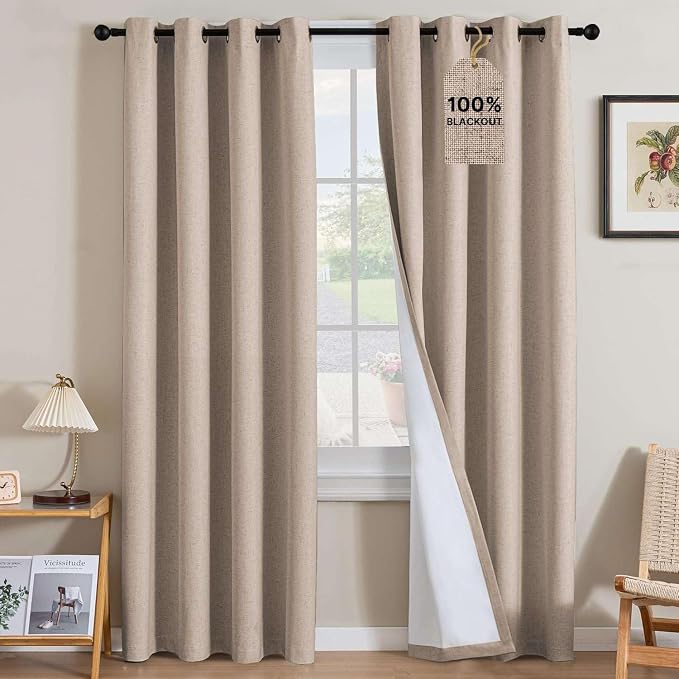 H.VERSAILTEX Linen Curtains 100% Blackout Curtains for Bedroom 90 inch Long Full Light Blocking Nature Linen Blended Window Curtains for Living Room Nickel Grommet (2 Panels, Heathered Sand)