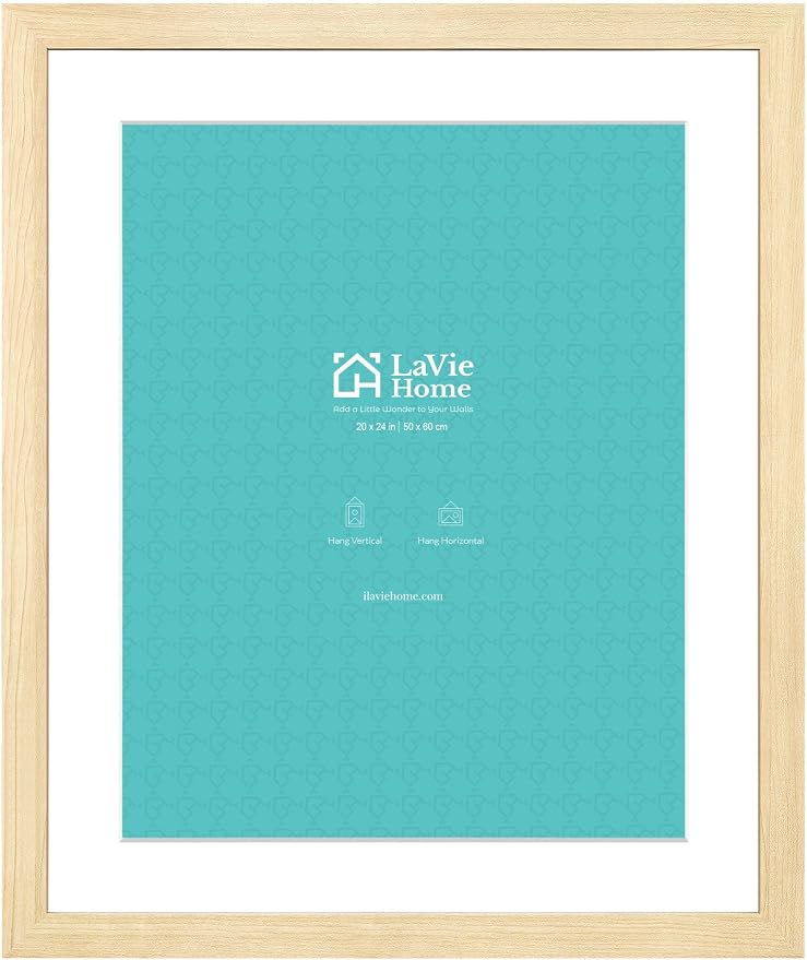 LaVie Home 20x24 Picture Frame Beige Oak Wood Poster Frame, Display Pictures 16x20 with Mat or 20x24 Without Mat, Stable Frame and Polished Plexiglass, Horizontal and Vertical Format of The Walls