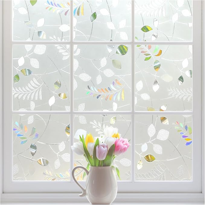 rabbitgoo Window Privacy Film, Frosted Glass Window Film, 29.5" x 78.7" | 3D Autumn Leaf, Stained Glass Removable Decorative Privacy Sticker, Non Adhesive UV Blocking Front Door Covering for Home