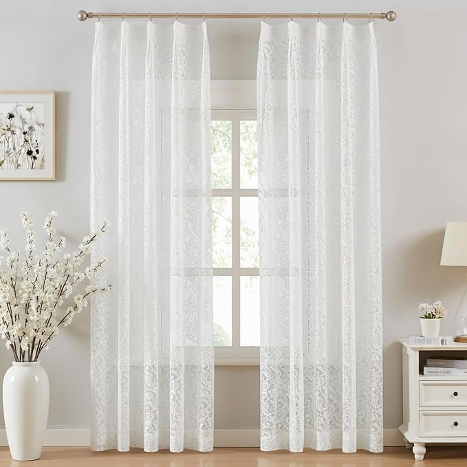 Bujasso White Lace Pinch Pleat Curtains 108 inch,Vintage Floral Sheer Drapes with Hooks & Rings, Victorian Damask Scalloped Edge Light Filtering Window Panels for Bedroom Living Room, 40" Wx108 Lx2