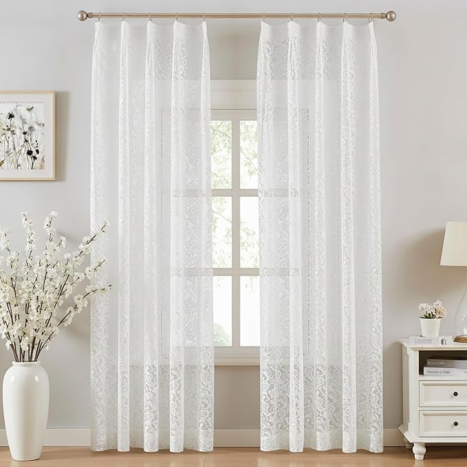 Bujasso White Lace Pinch Pleat Curtains 102 inch,Vintage Floral Sheer Drapes with Hooks & Rings, Victorian Damask Scalloped Edge Light Filtering Window Panels for Bedroom Living Room, 40" Wx102 Lx2