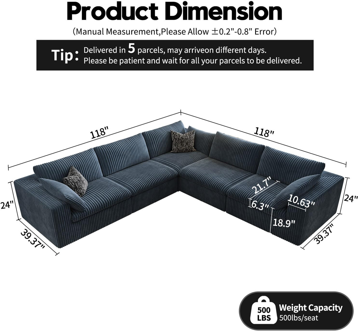 118" Cloud Couch Oversized Modular Sectional Sofa for Living Room,Modern Sofa with Deep Seat，V Shaped Boneless Couch,Comfy Upholstered Corduroy Couches for Apartment, Studio, Office,Bedroom，Blue