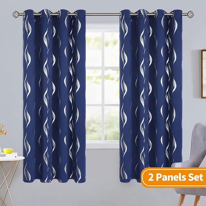 BGment Wavy Navy Blue Blackout Curtains 72 Inch Length 2 Panels Set, Thermal Insulated Privacy Grommet Window Drapes for Kids Boys Bedroom, 52 x 72 Inch