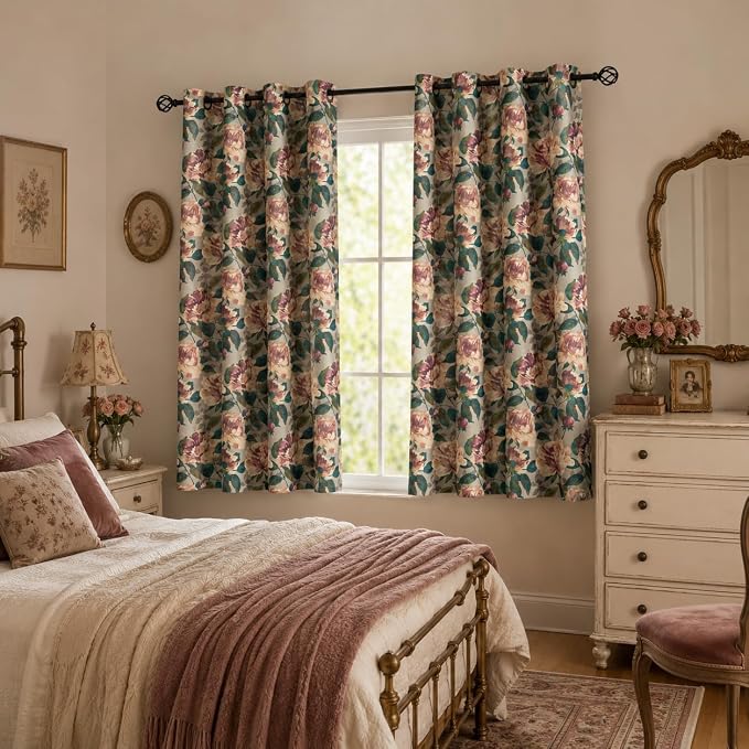 ALIGOGO Floral Drapes 63 Inch Length - Antique Linen Botanical Toile Curtains for Bedroom 2 Panels, Rustic Country Privacy Grommet Light Filtering Grandma Core Decor, 50W x 63L Inch, Taupe