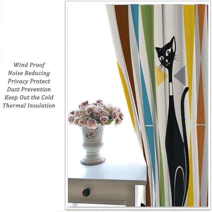 JESTRONRY Mid Century Style Curtains,Black Cat Modern Abstract Geometric Vintage Colorful Shape Pattern Theme Home Fabric Living Room Bedroom Kitchen Bathroom Decor 63x72in