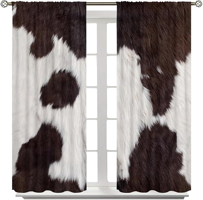 Cowhide Blackout Curtain, Animal Fur Skin Curtains Brown Cowhide Western Farm Drapes, Rod Pocket Window Treatments 2 Panels Curtains for Bedroom Nursery Office Living Room Decor 63" W X 63" L