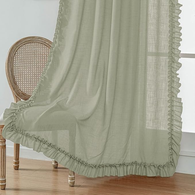 Light Sage Green Farmhouse Curtains for Bedroom, 2 Panels W47 x L72 Inch Light Filtering Semi-Sheer Linen Textured Ruffled Curtains Rod Pocket Shabby Chic French Country Vintage Privacy Window Drapes