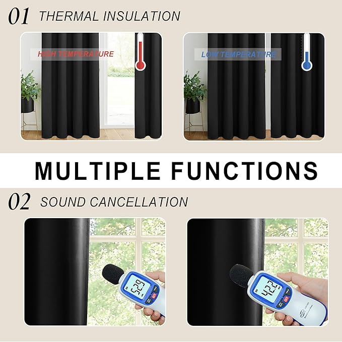 XWZO 100% Blackout Curtains 54 Inches Length with Tiebacks- Full Shade Thermal Insulated Double Layer with Black Liner for Bedroom/Living Room, Rod Pocket & Back Tab, Black, W52 x L54, Set of 2