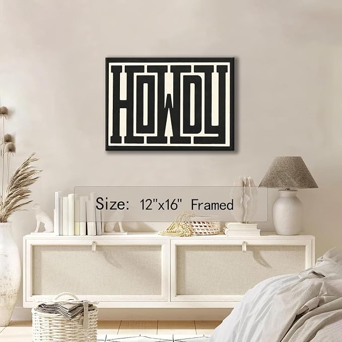 QIYFFBN Framed Funky Big Howdy Canvas Wall Art Western Modern Decor Black and White Southwestern Country Ranch Sign Picture Print Minimalism Trendy Farmhouse Living Room Poster Art(12x16in Framed)