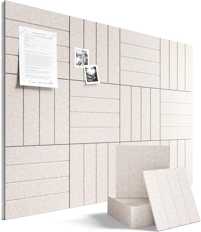 Fluxynara Felt Bulletin Board Tiles Large 48" x 36" Cork Board Alternative-12 Pack with 64 Adhesive Tabs, Thick Slat Wall Panels for Office Decor, Push Pin Board Wall Organizer Alternative -Oatmeal