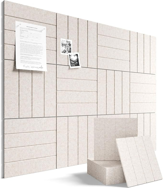 Fluxynara Felt Bulletin Board Tiles Large 48" x 36" Cork Board Alternative-12 Pack with 64 Adhesive Tabs, Thick Slat Wall Panels for Office Decor, Push Pin Board Wall Organizer Alternative -Oatmeal
