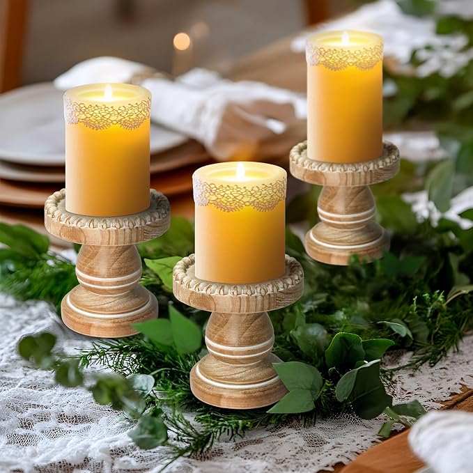 Small Candle Holder for Pillar Candle Set of 3, Farmhouse Wood Candle Holder, Rustic Wooden Candle Stand, Vintage Candle Stand Decorative for Living Room, Table Centerpiece, Washed Brown