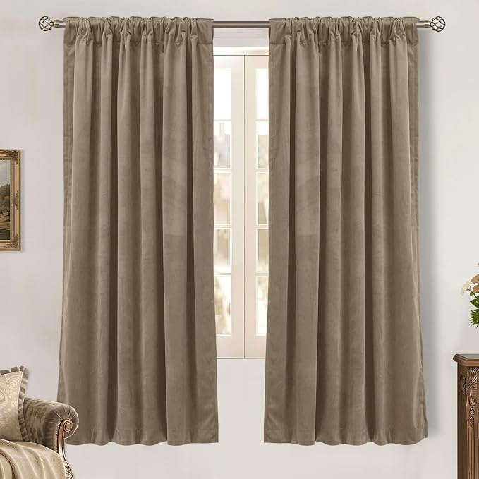 BGment Taupe Velvet Blackout Curtains 72 Inch Length for Bedroom, Thermal Insulated Room Darkening Super Soft Window Curtains with Back Tab and Rod Pocket for Living Room, 2 Panels, 52 x 72 Inch