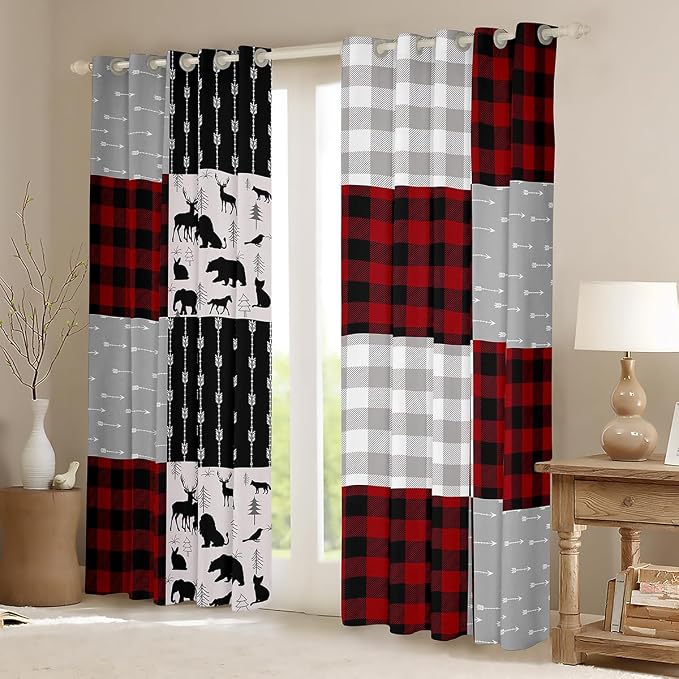 Buffalo Plaid Curtains For Boys Girls, Woodland Moose Window Curtains Vintage Deer Bear Curtains & Drapes 52"Wx63"L, Buffalo Plaid Farm Animal Blackout Curtains Rustic Patchwork Curtains, Red Black