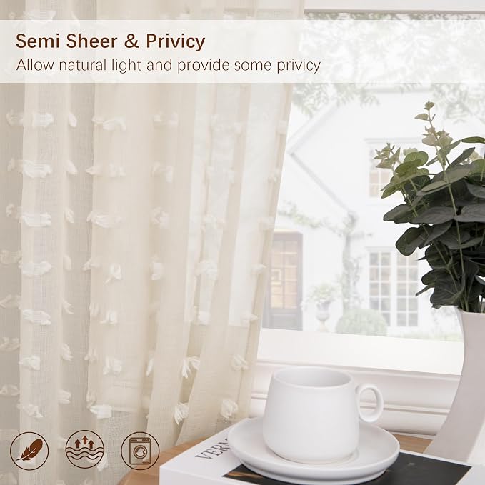Sheer Beige Curtains 90 Inches Long 2 Panels for Bedroom Living Room Boho Farmhouse Natural Semi Sheer Curtain Nursery Pom Pom Tufted Pattern Drapes Country Rustic Decor Back Tab 52x90 Light Beige