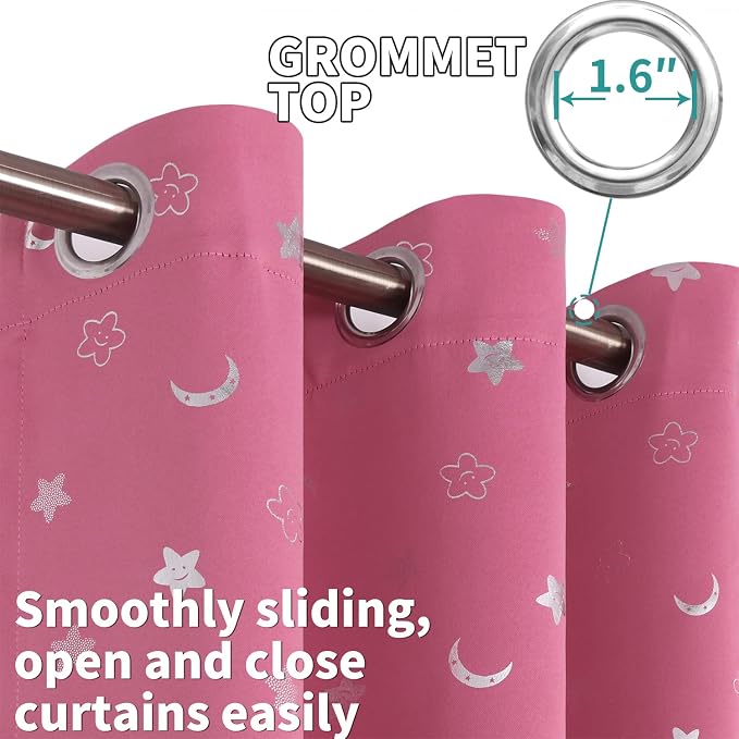 BGment Pink Curtains for Girls Bedroom, Short Star and Moon Blackout Curtains for Nursery 54 Inch Long, Thermal Insulated Room Darkening Small Window Curtains with Grommet for Kids, 42 Wide, 2 Panels