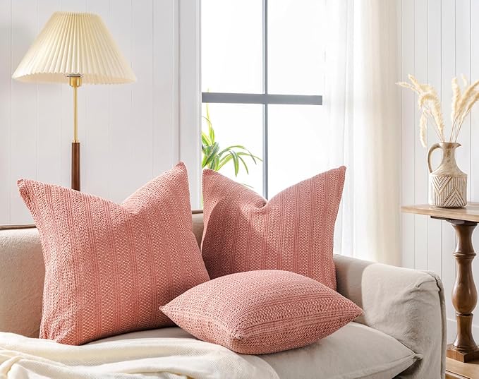18x18 Throw Pillow Covers Set of 2 Boho Decorative Pillow Shams Stone Washed Cotton Pillowcase Waffle Square for Couch Sofa Chair Bed Car,Coral Pink