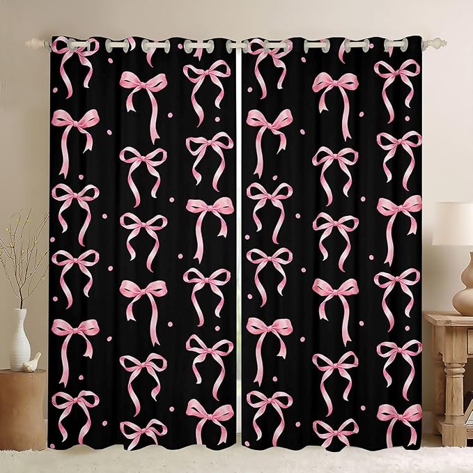 Feelyou Girls Bow Curtains for Bedroom Living Room Black Pink Bowknot Blackout Shades Kawaii Cute Princess Style Room Darkening Curtain Coquette Aesthetic Window Treatments, 2 Panels 52 x 63 Inch