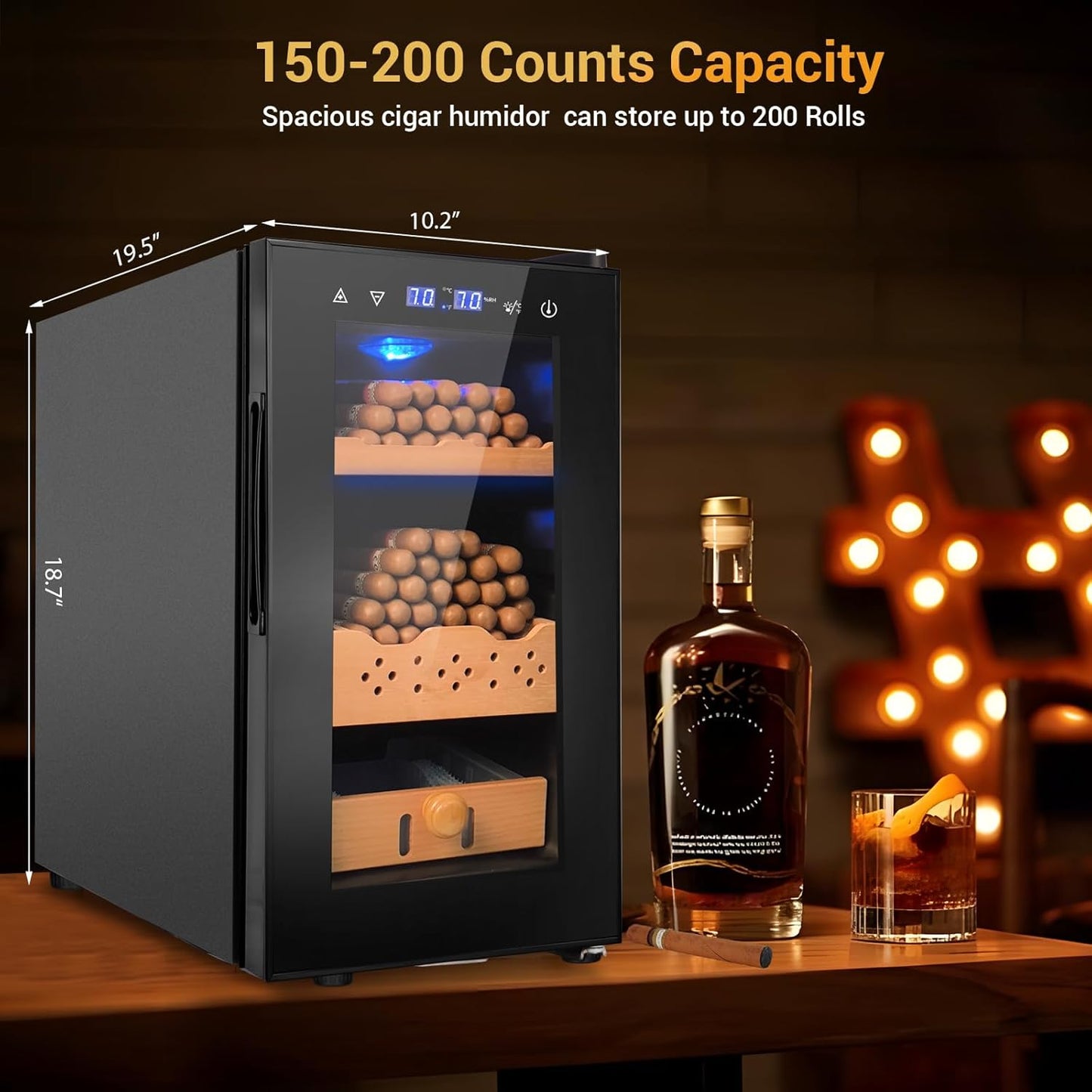 25L Cigar Electric Humidor, 200 Counts Large Capacity,Thermostatic Electric Cooler Cabinet with Digital LED Screen, Safety Lock,Smart Humidity & Temp Control, Gifts for Men