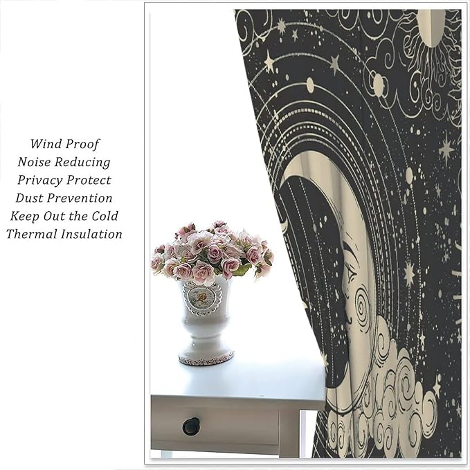 Bohemian Sun Moon Blackout Windows Curtains, Golden Sun Crescent Moon and Stars Vintage Cosmic Galaxy Printed Curtains, for Living Room Bedroom 42x54in 2 Panels