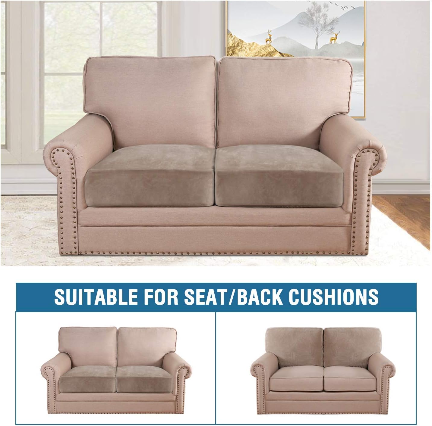 H.VERSAILTEX Velvet Stretch Couch Cushion Cover Plush Cushion Slipcover for Chair Loveseat Sofa Cushion Furniture Protector Seat Cushion Sofa Cover (2 Piece Large Sofa Cushion Covers, Taupe)