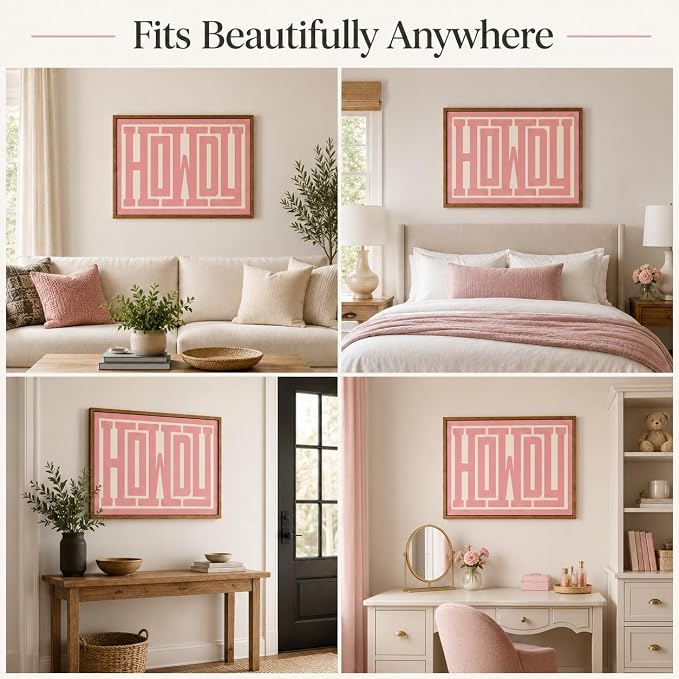 QIYFFBN Framed Pink Howdy Wall Art Western Cowgirl Picture Decor 16x24in | Cream Preppy Canvas Painting,Retro Southwestern Country Prints,Farmhouse Living Room Bedroom For Teen Girls Wall Decor