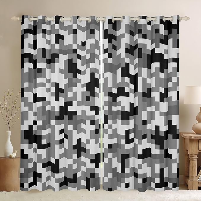 Castle Fairy Grey Black Camo Window Curtain,Geometric Pixelated Themed Living Room Decor Curtains,Kids Boys Modern Camouflage Window Treatment Video Games Blackout Drapes 2 Panels,42Wx84L