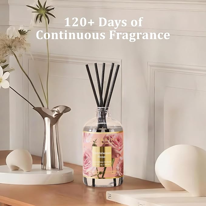 Cocorrína Reed Diffuser Refill Sandalwood Rose 10.14oz (300ml) with 8 Sticks - Premium Long-Lasting Floral Essential Oil, Home Fragrance for Bedroom, Bathroom Home Decor