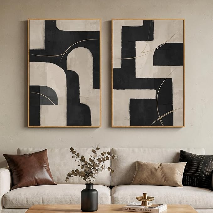 Large Framed Modern Neutral Abstract Wall Art, Set of 2 Minimalist Black and Beige Canvas Prints Paintings Artwork for Walls, Geometric Pictures for Living Room Hallway Bedroom Wall Decor 24x36 In