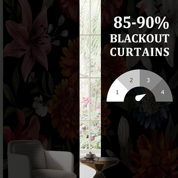 Black Boho Floral Blackout Curtains Mid Century Vintage Botanical Flower Patterned Room Darkening Thermal Insulated Curtains 2 Panels Set, Window Curtain for Bedroom Living Room Decor 52X84 Inch