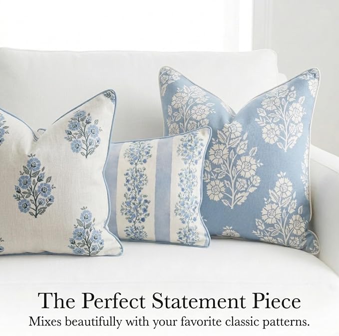 Jillien Harbor "The Hazel Bright Blue White Floral Pillow Cover Grandmillennial Home Decor Blockprint Pillow Cover 20" x 20"