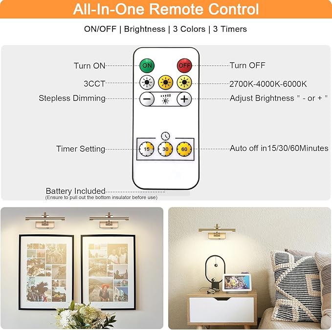 Tassuowell Rechargeable Picture Light with Remote Control,12 Inch Brass Finish Adjustable Wireless Art Lighting Fixture,Painting Lights with Timer,3 Color Temperature and Dimmable