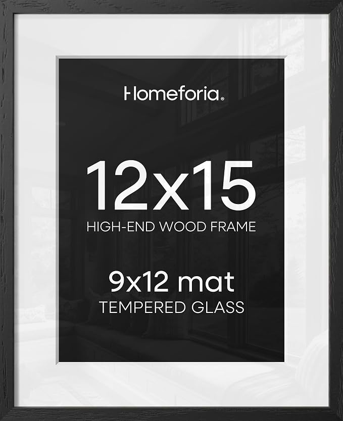 Homeforia 12x15 Black Wood Picture Frame, High End Oak 12x15 Poster Frames with Mat 9x12 Print, 12 x 15 Black Wooden Frame Matted to 9 by 12 Photo, 15x12 Thin Frame, Tempered Glass, Wall Kit, Set of 1