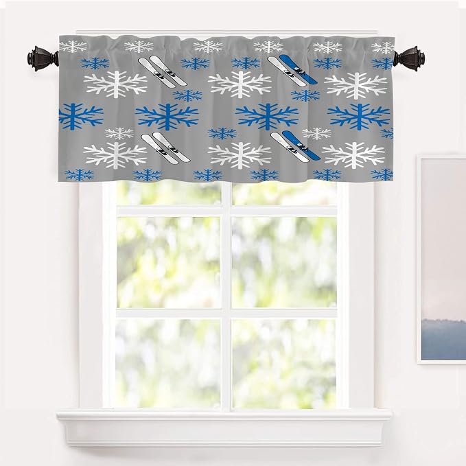 Shrahala Snowflakes Skis Blackout Short Curtains for Windows, Winter Sports Themed Pattern Kitchen Valance Thermal Insulated Rod Pocket Window Treatment for Bathroom 52 X 18 in