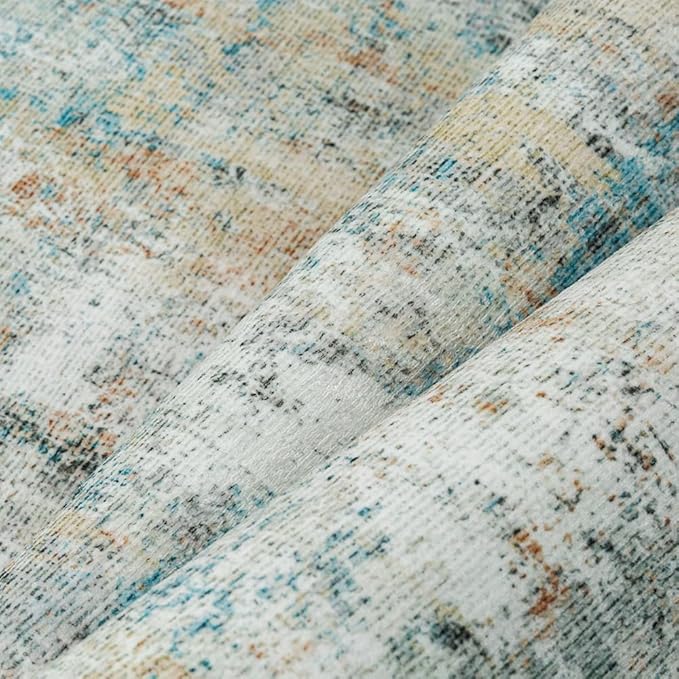8x10 Washable Area Rug Teal Beige Abstract Non Slip Soft Low Pile Rug for Living Room Bedroom Dining Room Office Neutral Modern Indoor Throw Carpet for Home Decor