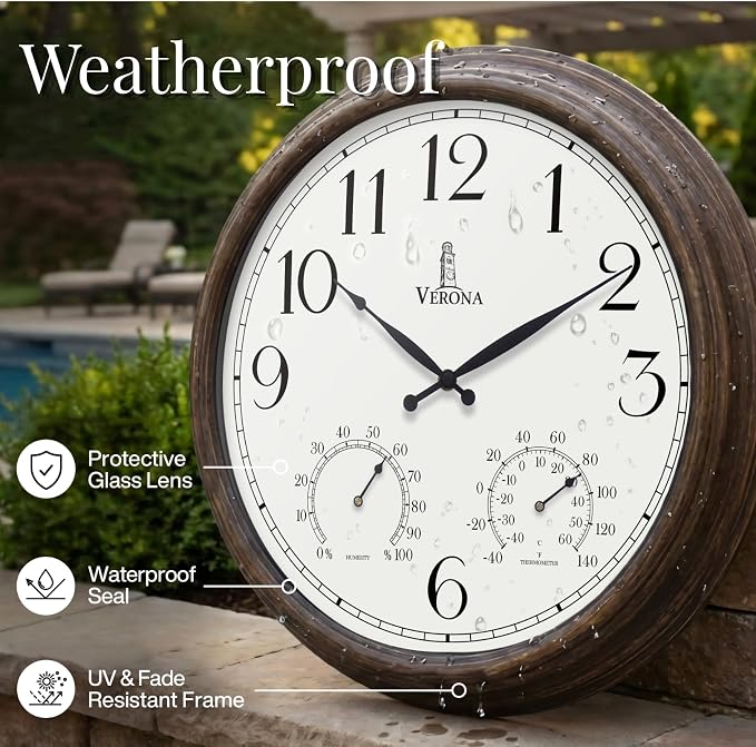 Large Outdoor Clocks for Patio - Waterproof, Accurate & Easy to Read - 24 inch Indoor Outdoor Wall Clock with Thermometer, Temperature and Humidity Combo - Weatherproof for Pool, Garden & Home Decor
