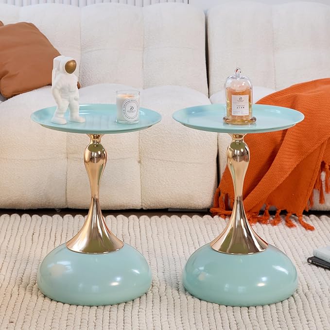 2-Pack Light Green Sleek Hourglass Side Table - Modern Stylish Accent Table with Glossy Finish & Metallic Detail - Ideal Decor for Living Room, Bedroom & Home Spaces