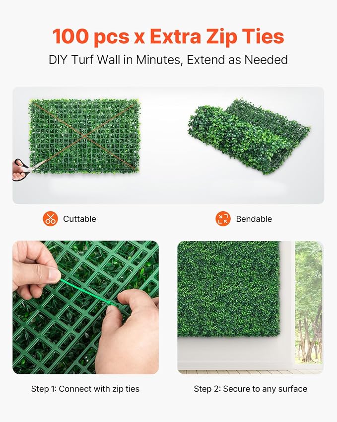 VEVOR 12PCS Grass Wall Panels, 24 x 16 in for 32 Sq Ft, Boxwood Hedge Wall Panels Artificial Grass Backdrop Wall, 1.6 in Sun Protected Privacy Hedge Screen for Indoor Outdoor Garden Fence Backyard